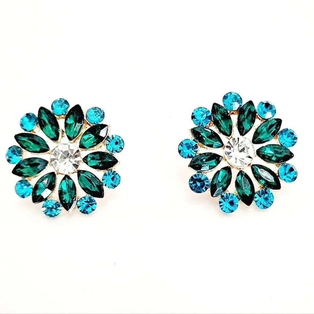 Green Turquoise Rhinestone Cluster Flower Statement Stud Earrings formal prom 💖